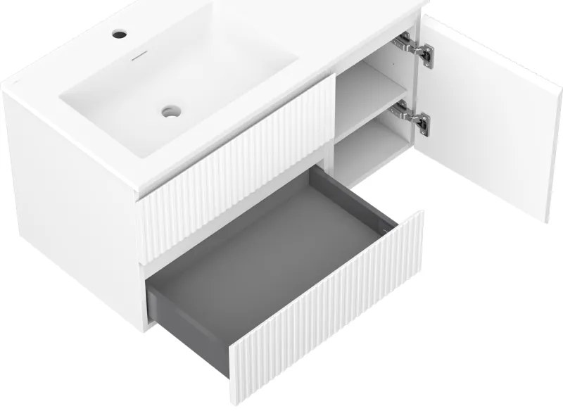 Mexen Rivel, kúpeľňová skrinka 90 cm s ľavým umývadlom Otis, 2S, 1D, drážkovaná, biela matná, 91A23-09047-3-BBFFF01-W18L01
