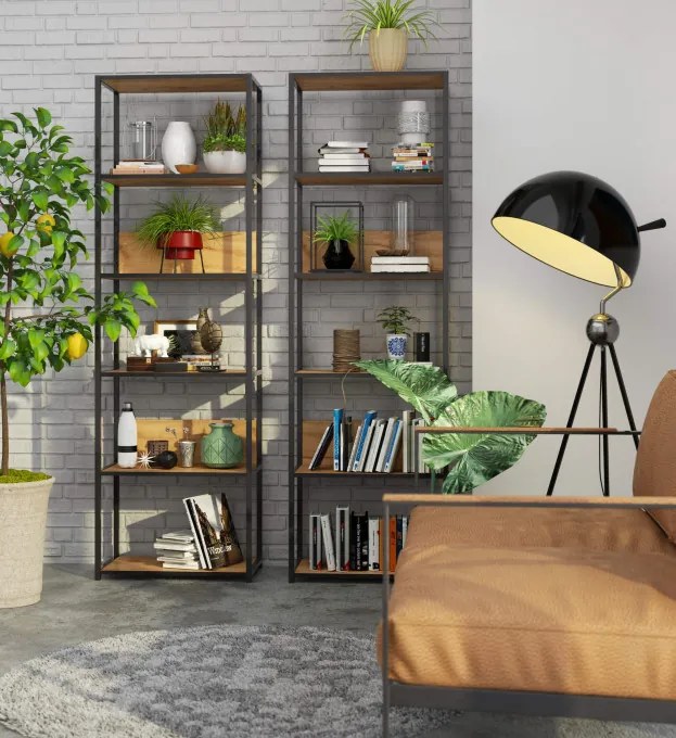 Kovový regál 60 cm, 6 políc, čierny / dub craft