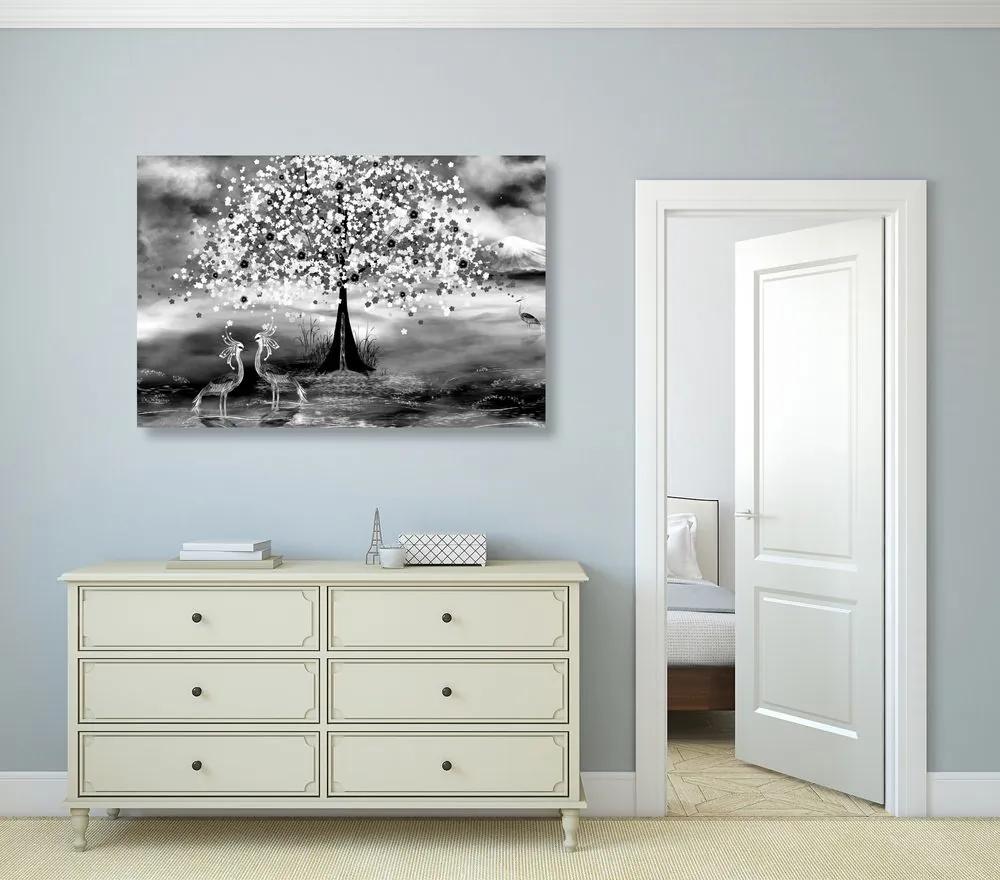 Obraz volavky pod magickým stromom v čiernobielom prevedení - 90x60