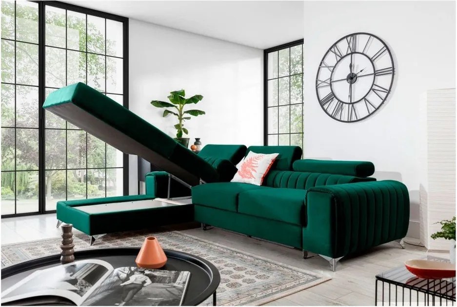 Zelená zamatová rozkladacia/s úložným priestorom rohová pohovka (ľavý roh/s leňoškou) Grayson – ELTAP