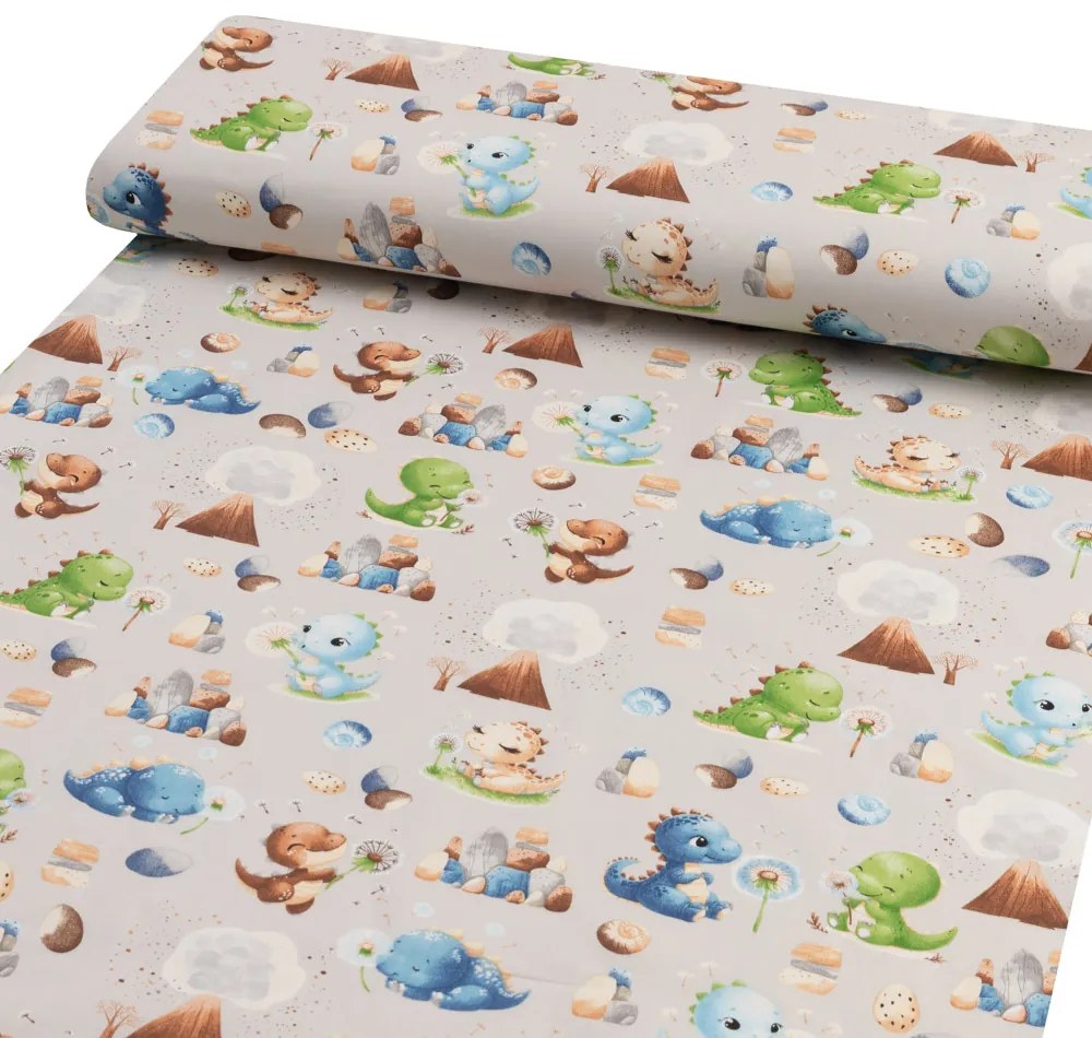 Detská bavlnená látka/plátno Sandra SA-656 Modro-zeleno-hnedé dinosaury na svetlo sivom - šírka 160 cm