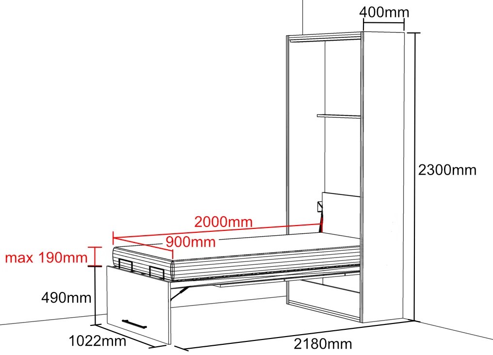 Nabytekmorava Sklápacia posteľ VS 21054, 200 x 90cm Typ farebného prevedenia: Buk / dvere biele LESK