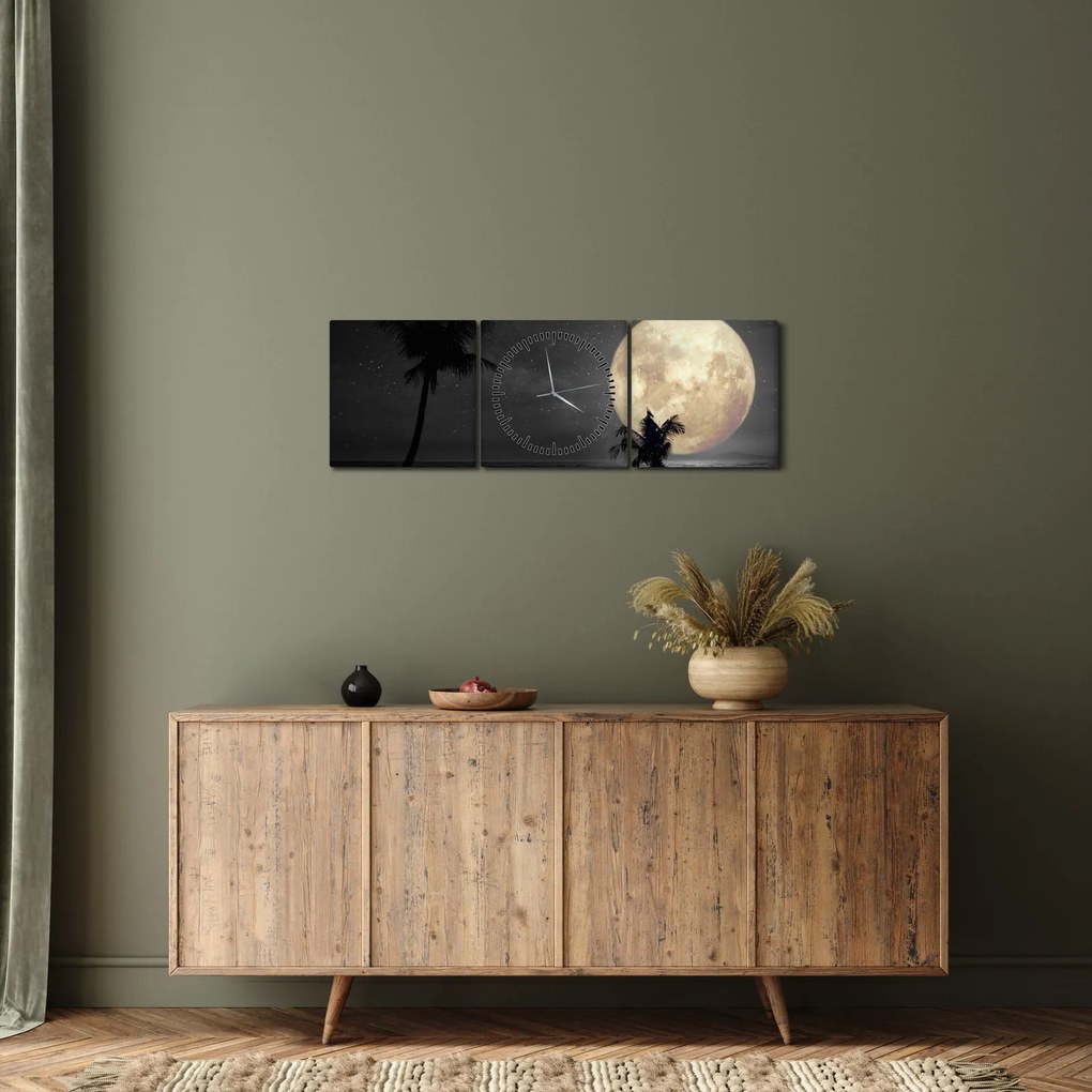 Obraz - Pláž za splnu v šedých tónoch (s hodinami) (90x30 cm)