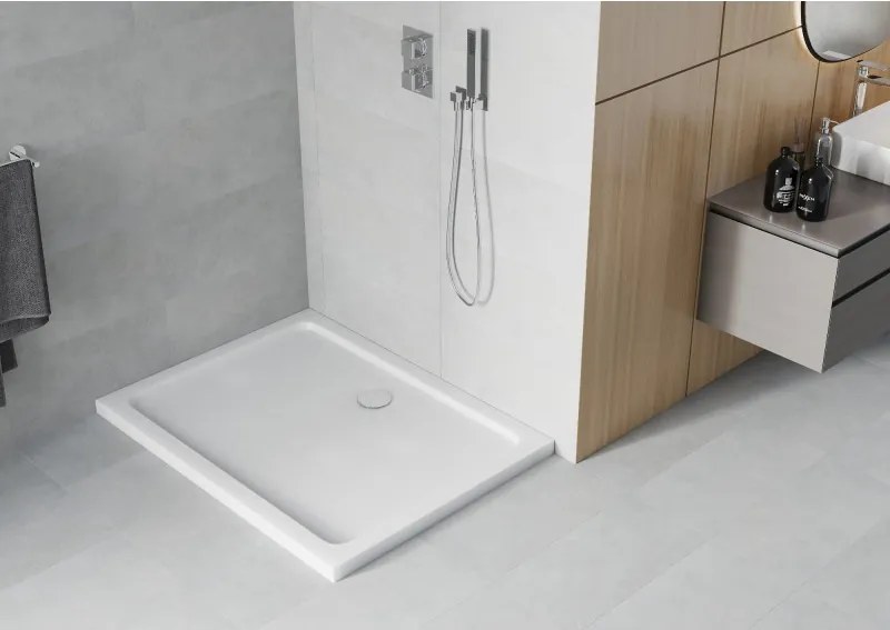 Mexen Flat obdĺžniková tenká sprchová vanička 100 x 80 cm, biela, chrómový sifón - 40108010