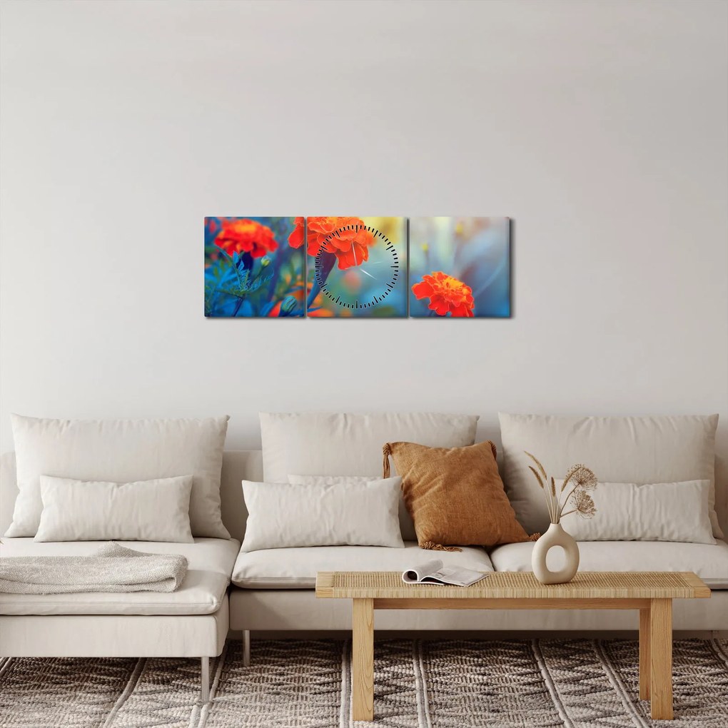 Obraz - Oranžové kvety (s hodinami) (90x30 cm)