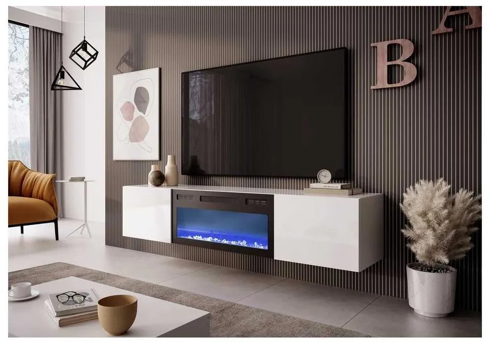 TV stolík Livo s imitáciou krbu, biela / čierna