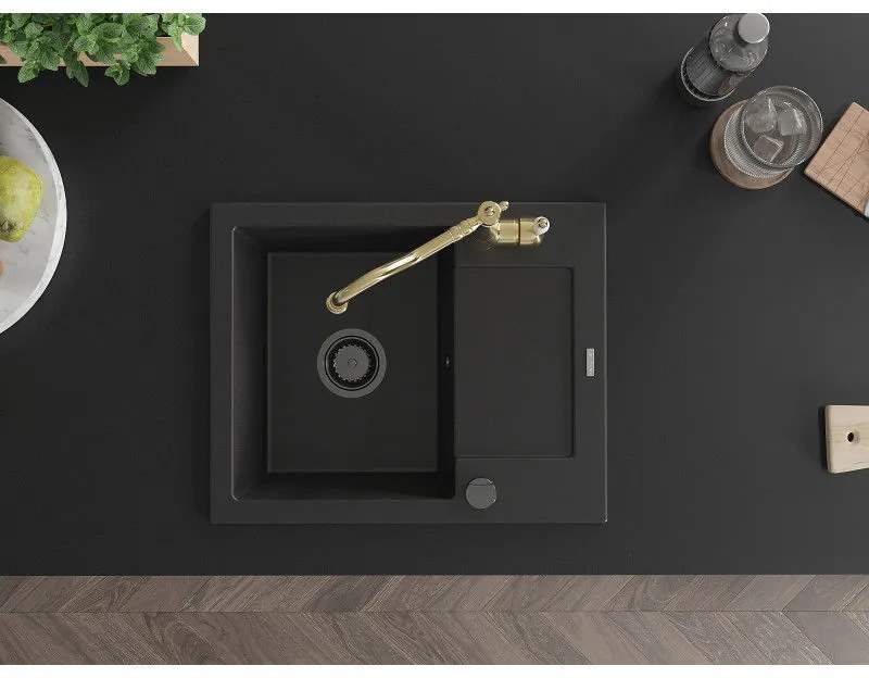 Mexen Enzo, granitový drez 576x465x174 mm, 1-komorový a drezová batéria Carla, čierna, 6506-77-670700-50-B