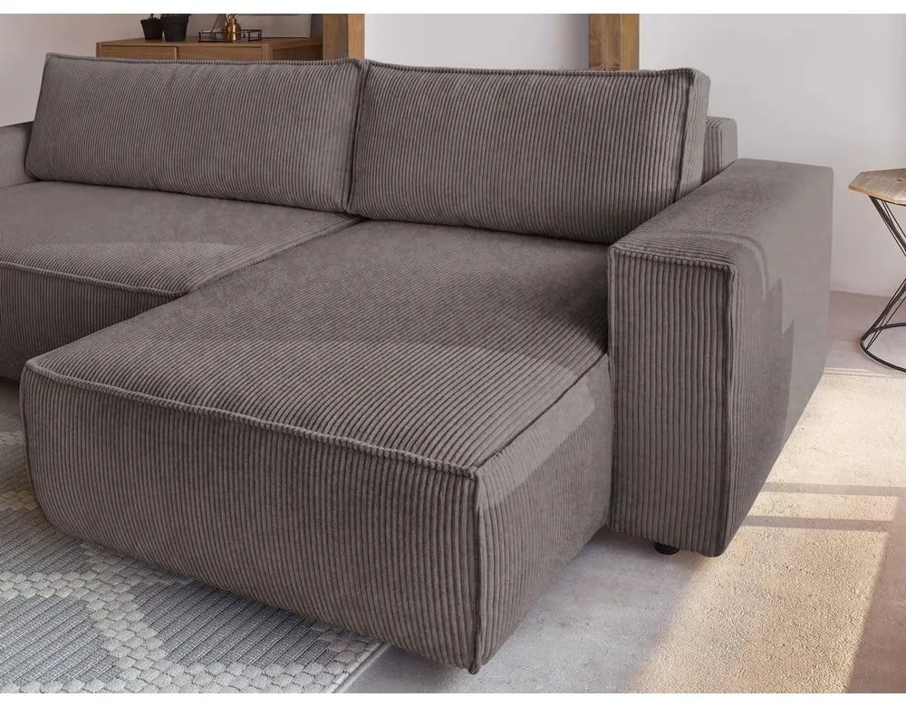 Taupe menčestrová rozkladacia/s úložným priestorom rohová pohovka Nihad – Bobochic Paris