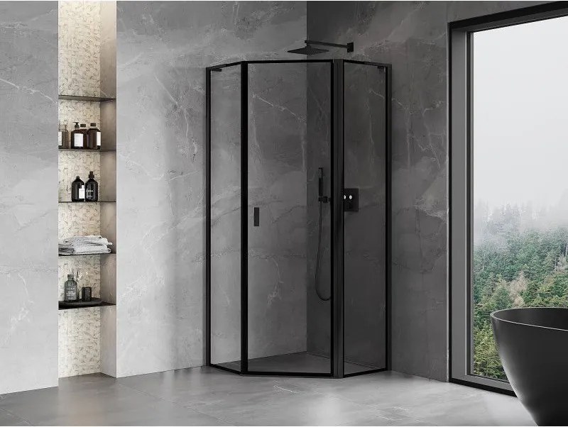 Mexen Mist L, päťuholníkový sprchový kút s krídlovými dverami, 90 x 90 cm, 8mm číre sklo, čierny profil, 8A8L-090-090-70-70-P