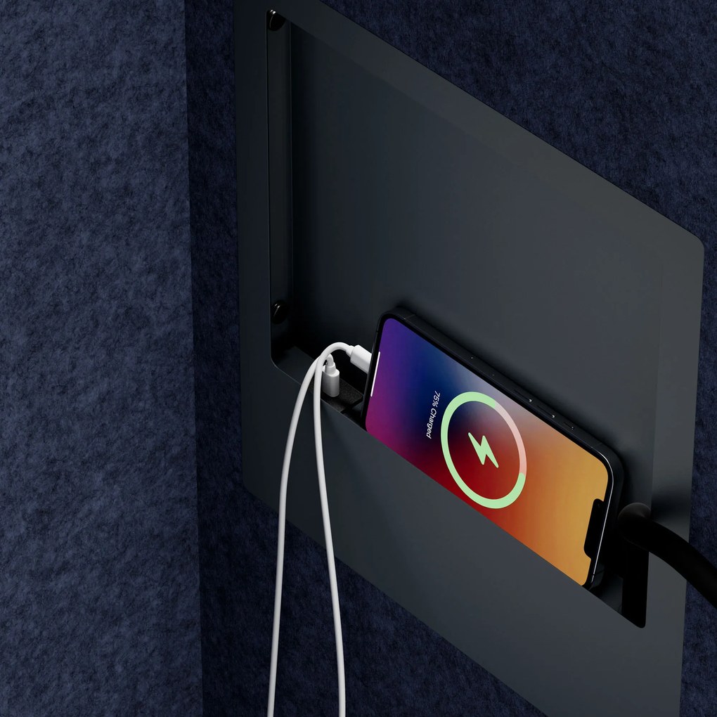 Kancelárska akustická kabína so sedadlom a portom USB-C, telo v antracitovej farbe / sedadlo v tmavomodrá farbe, 1150 mm: SALLY MentalBox