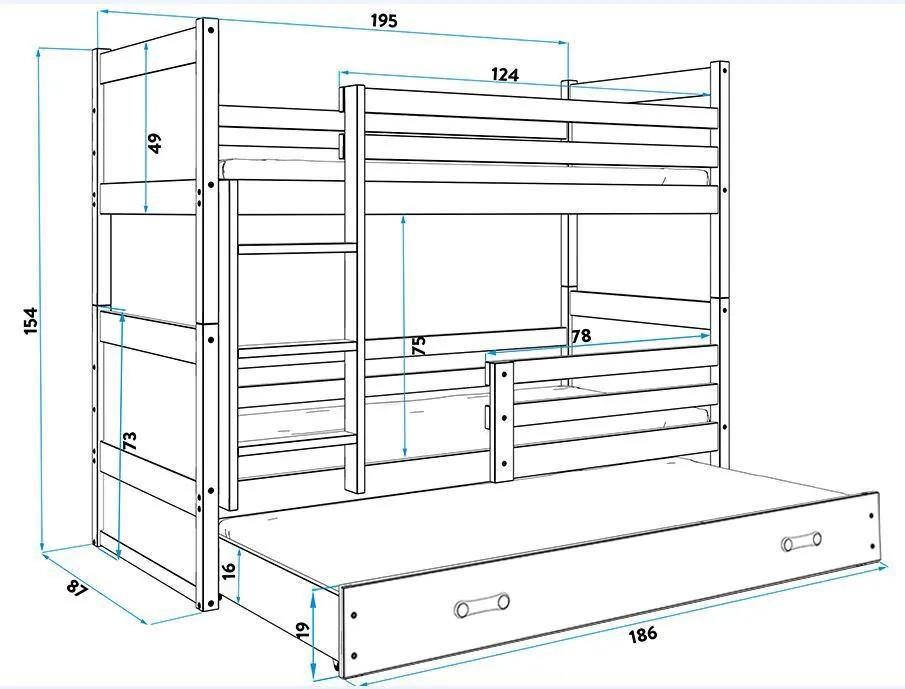 Poschodová posteľ s prístelkou RICO 3 - 190x80cm - Grafitový - Biely