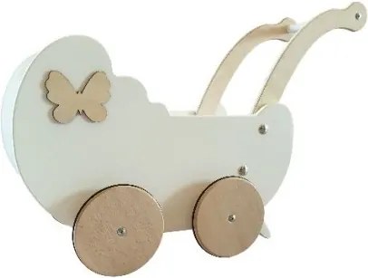 Drevený kočík pre bábiky s dekoráciou biela + drevo