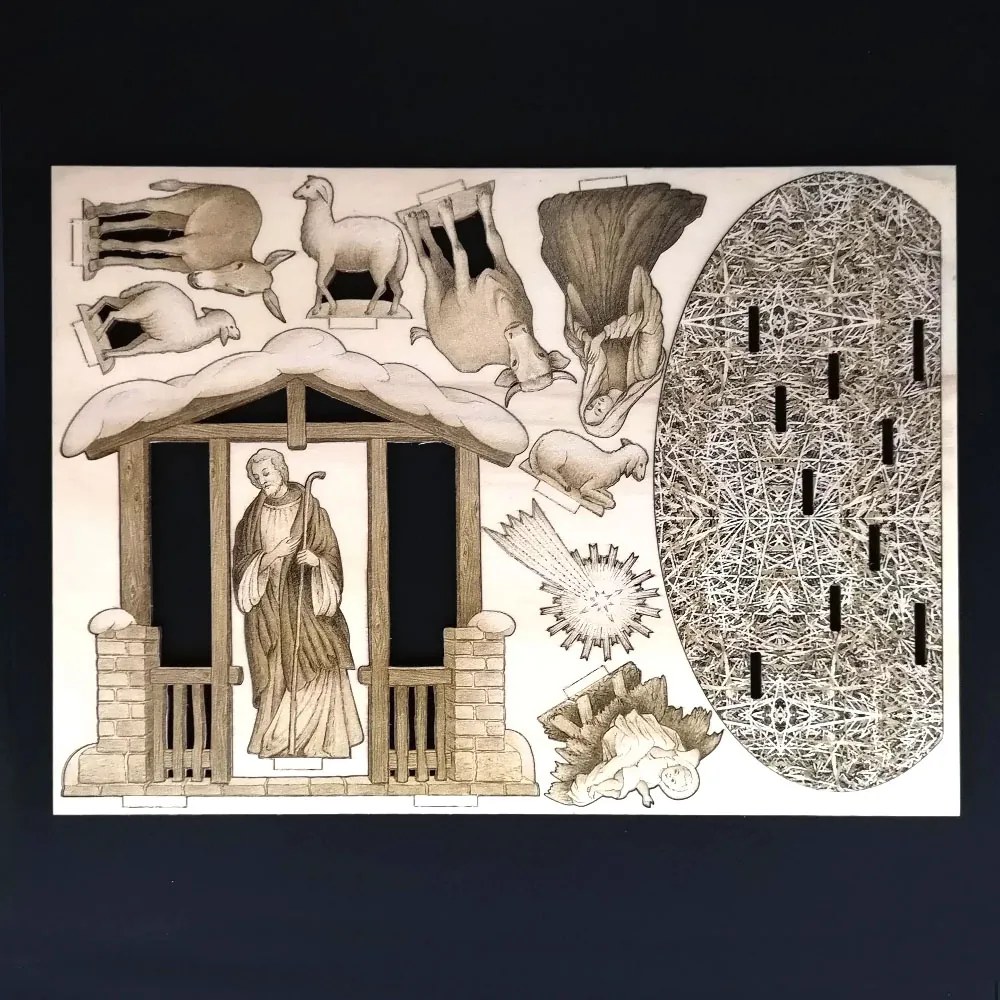 AMADEA Drevený skladací betlehem sépiový 3D 20 cm