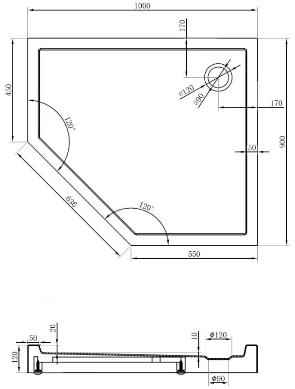 Mexen Flow+, päťuholníková sprchová vanička, pravá, 100 x 90 cm, čierna matná, 46P709010RH