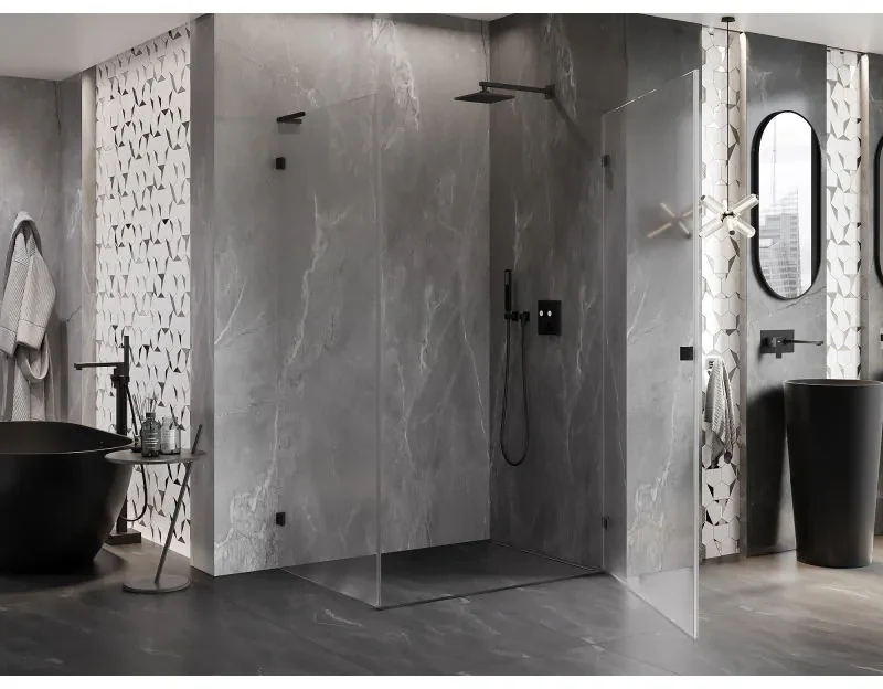 Mexen Lunar-B L pravý výklopný sprchový kút 90 x 80 cm, číre sklo, čierna matná, 832L-090-080-66-00-P
