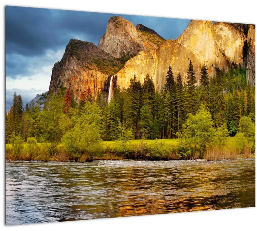 Sklenený obraz - Skaly pri jazere (70x50 cm)