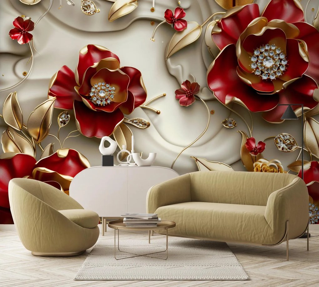 Fototapeta - 3D Červeno-zlaté kvety (147x102 cm)