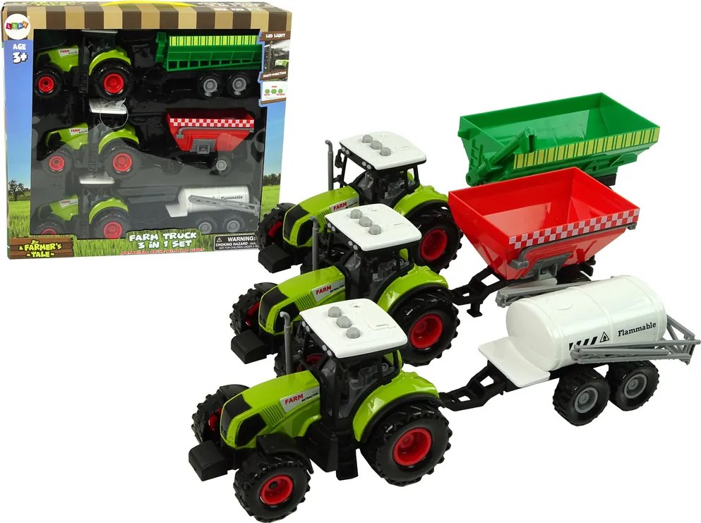 LEAN Toys Sada troch traktorov s prívesmi a postrekovačom, farma