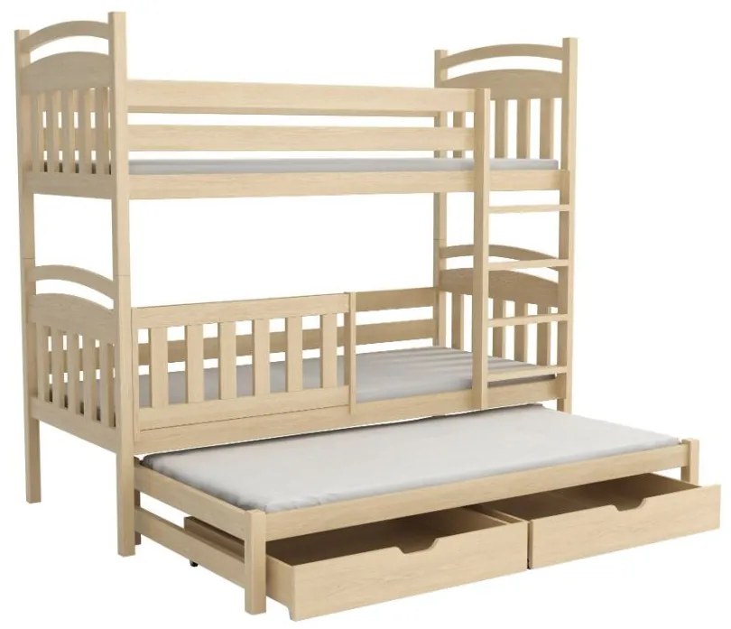 Detská poschodová posteľ z masívu borovice ONDRA s prístelkou a šuplíkmi - 200x80 cm - PRÍRODNÁ BOROVICA