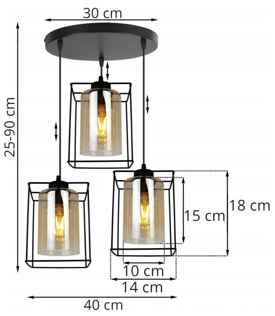 Závesné svietidlo Hella cage, 3x medové sklenené tienidlo v kovovom ráme, o