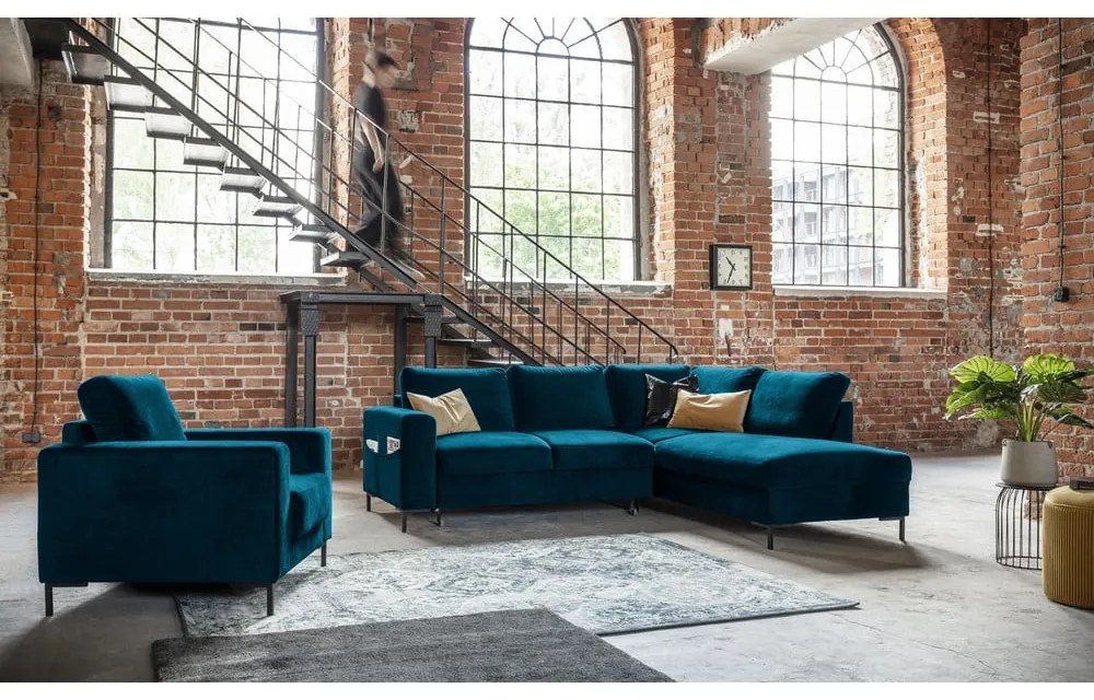 Tyrkysová zamatová rozkladacia rohová pohovka (pravý roh) Lofty Lilly – Miuform