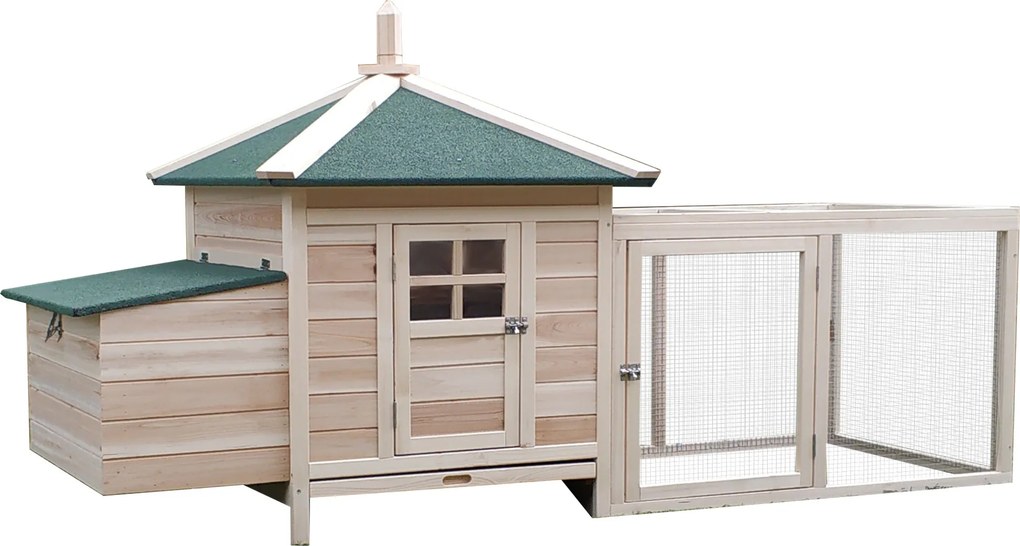 PawHut Kurník pre Bantam sliepky 196 x 76 x 97 cm s hniezdnou búdkou, vonkajším výbehom a perom, malá zvieracia búda vyrobená z dreva, prírodná | Aoso