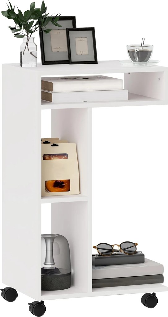 HOMCOM C-Shape Nočný Stôl s 4 Policami, Kolieskami, Kávový Stôl, Stôl do Obývačky pre Notebook 40 x 30 x 69 cm Biela | Aosom