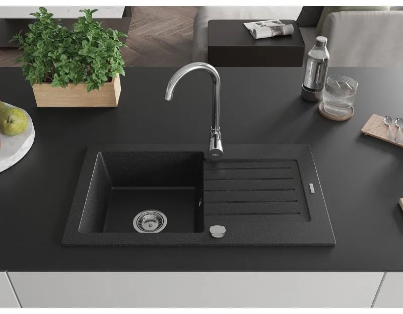 Mexen Pablo, 1-komorový granitový drez s odkvapkávačom 75x44 cm a kuchynskou batériou Telma, čierna-strieborná, 6510-73-670200-00