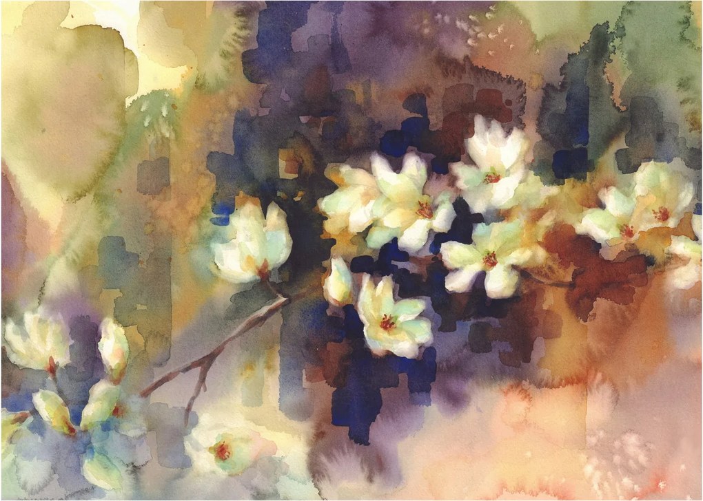 Sklenený obraz - Biele magnólie, maľba (70x50 cm)