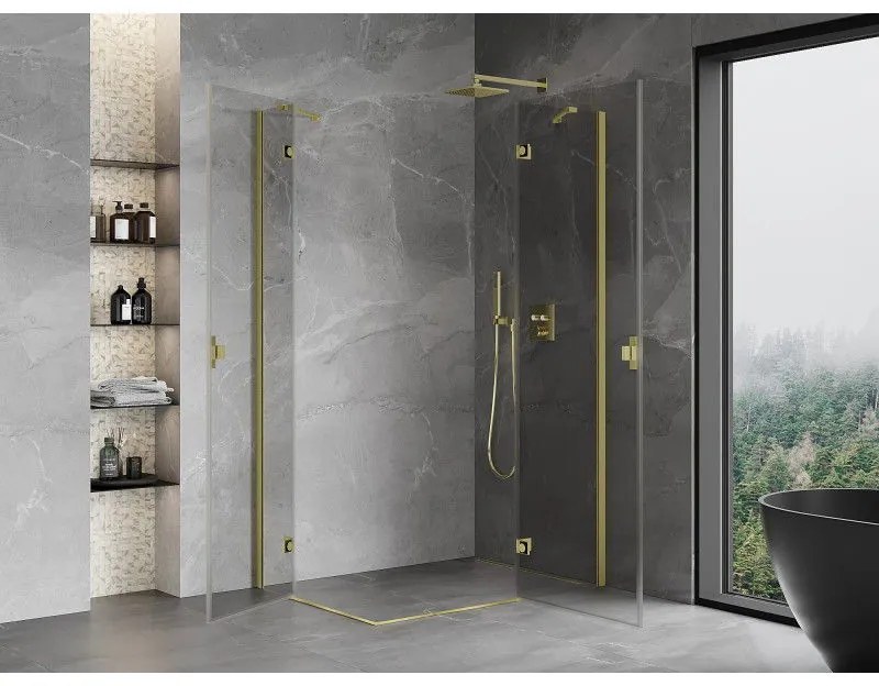 Mexen Mist-H Duo, 2-krídlový výklopný sprchový kút 80 x 85 cm, číre sklo, zlatý matný profil, 8A5-080L-085P-55-00