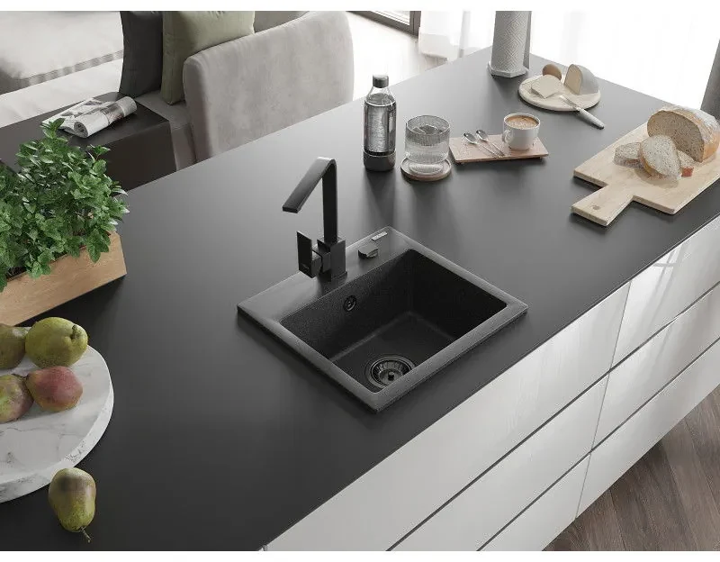 Mexen Milo, 1-komorový granitový drez 435x410x171 mm a čierna batéria Rita, čierna škvrnitá, 6505-76-670300-70-B