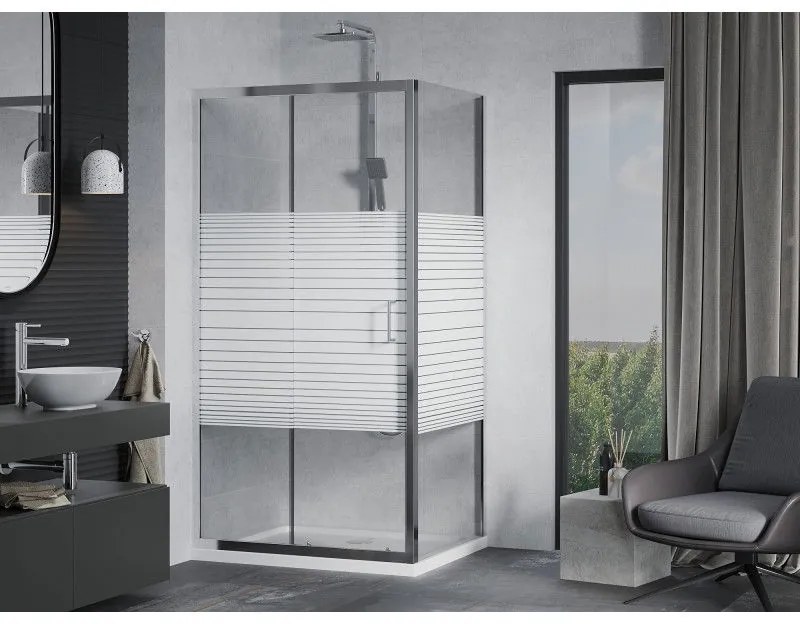 Mexen Apia, sprchový kút s posuvnými dverami 140 (dvere) x 80 (stena) cm, 6mm číre-pásy sklo, chrómový profil + slim sprchová vanička 5cm, 840-140-080-01-20-4010