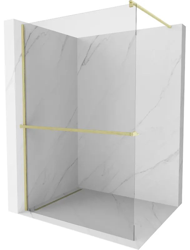Mexen Kioto+, sprchová zástena Walk-In s poličkou a vešiakom 75 x 200 cm, 8mm číre sklo, zlatý matný profil, 800-075-121-55-00