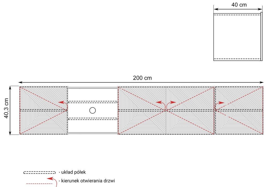 Závesný TV stolík Asha 200 cm s 3 otvorenými policami - artisan / rivier stone mat