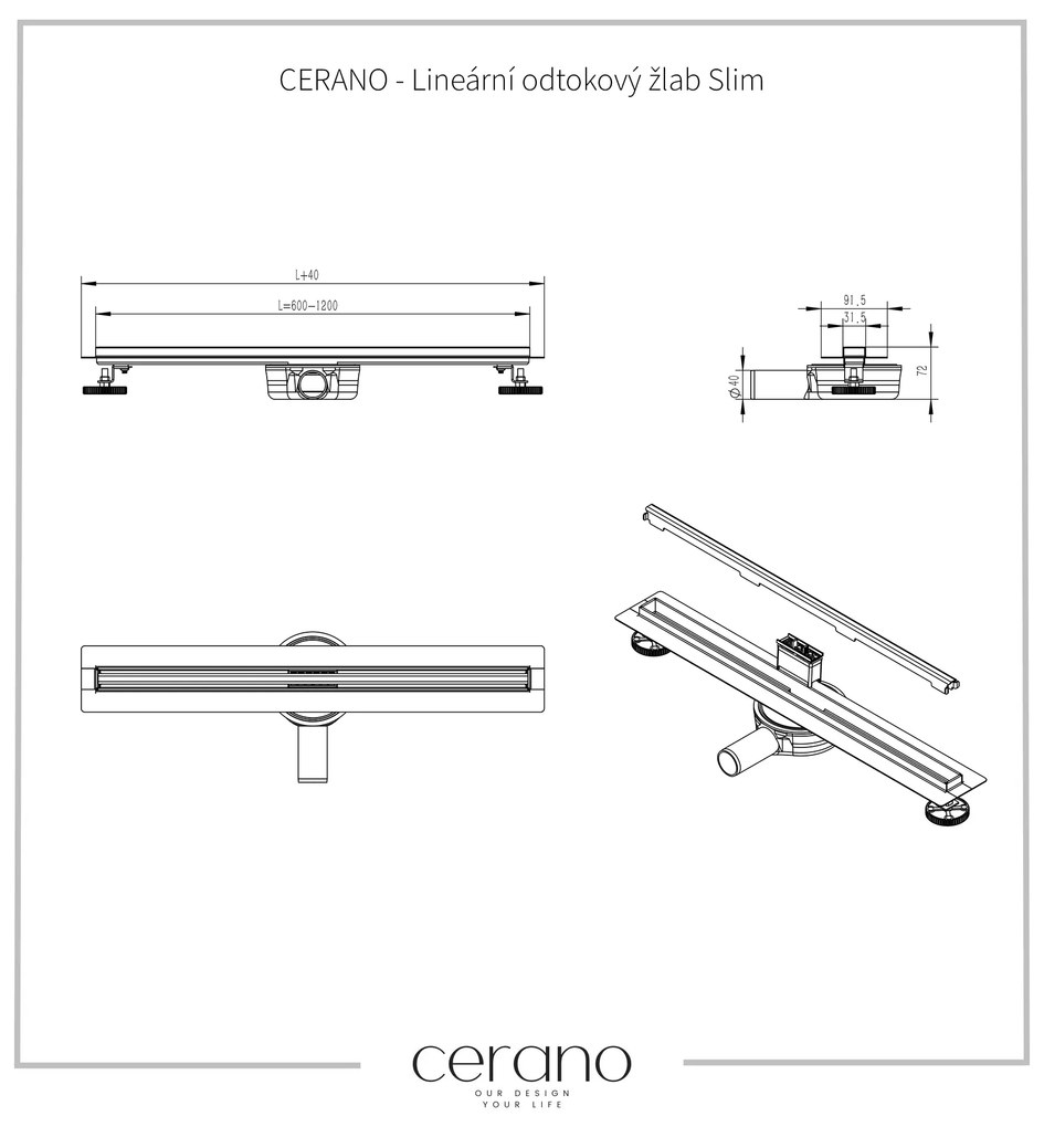 CERANO Cerano, Lineárny odtokový žľab Slim 90 cm s otočným sifónom o 360°, čierna, CER-CER-414911