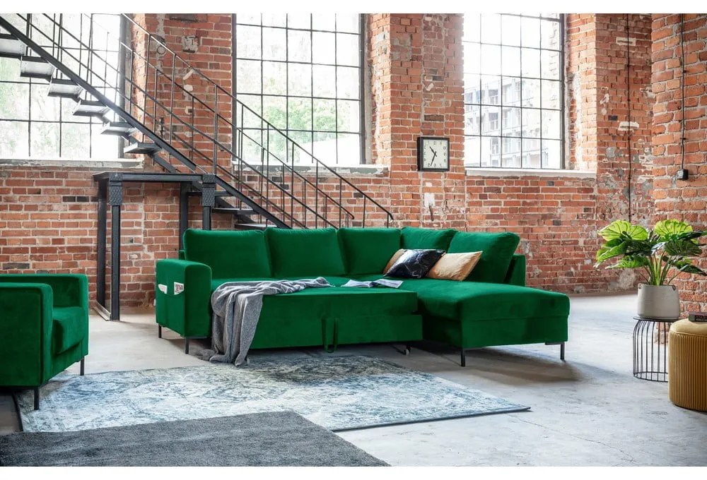 Tmavozelená zamatová rozkladacia rohová pohovka (pravý roh) Lofty Lilly – Miuform