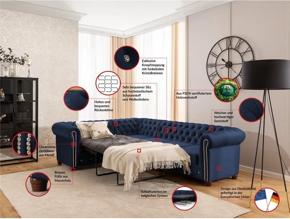 Modrá zamatová rozkladacia rohová pohovka (ľavý roh/do L) York Blik – Ropez