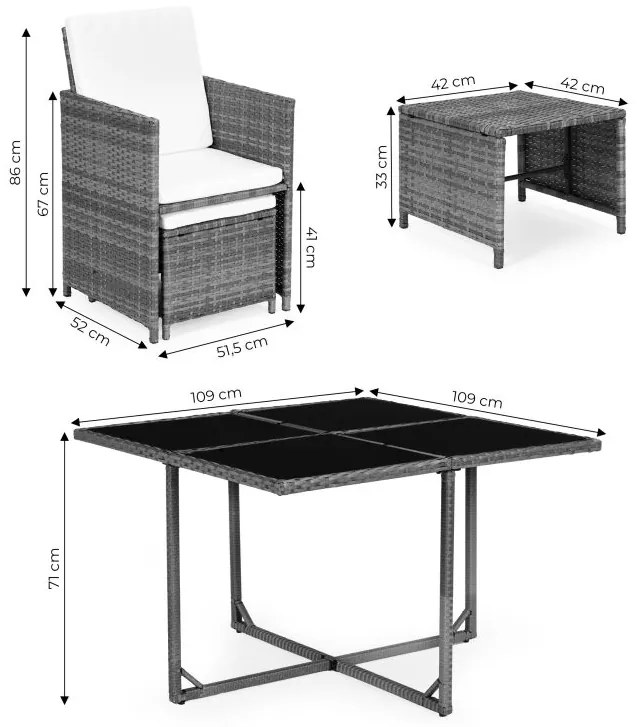 Veľký záhradný set nábytku v svetlosivej farbe – 4 kreslá, 4 taburetky a stôl