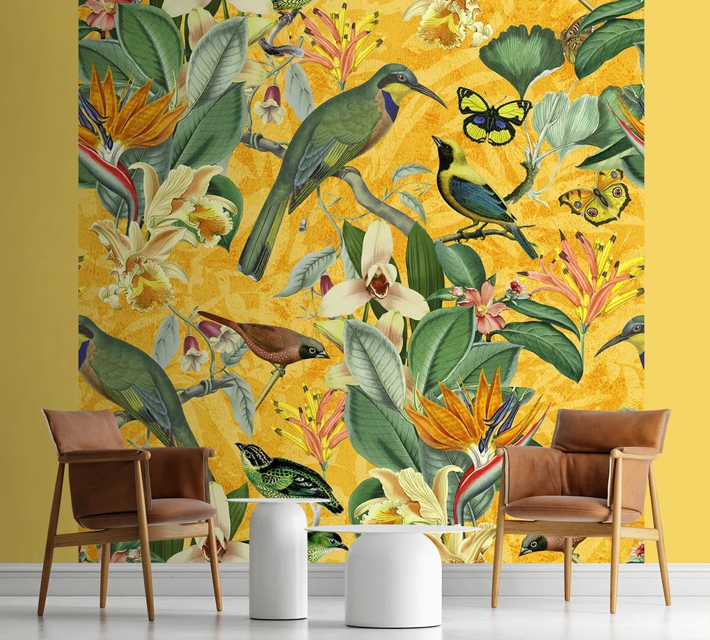 Gario Fototapeta Žlté abstrakčné vtáky na zelenej vetve - Andrea Haase Materiál: Vliesová, Rozmery: 100 x 100 cm