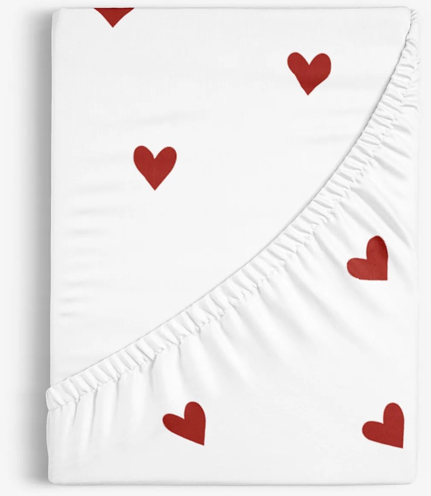 Goldea bavlnená napínacia plachta - červené srdiečka na bielom 90 x 200 cm