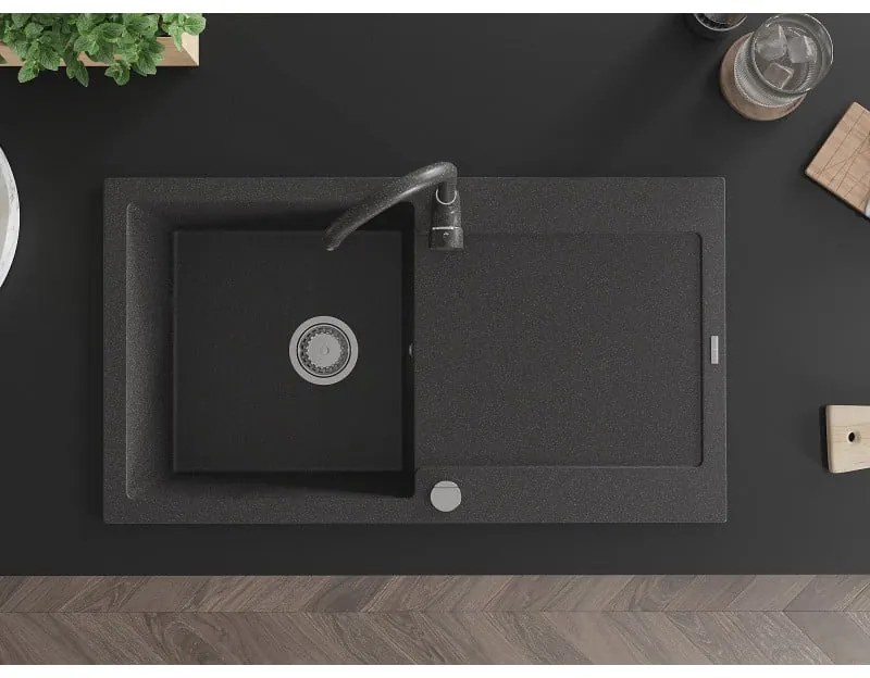 Mexen Leo, 1-komorový granitový drez s odkvapkávačom 90x50 cm a kuchynskou batériou Telma, čierna-škvrnitá, 6501-76-670200-76