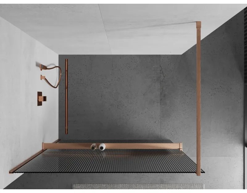 Mexen Kioto+, sprchová zástena Walk-In s poličkou a vešiakom 90 x 200 cm, 8mm sklo s rebrovým vzorom, medený matný profil, 800-090-121-65-09