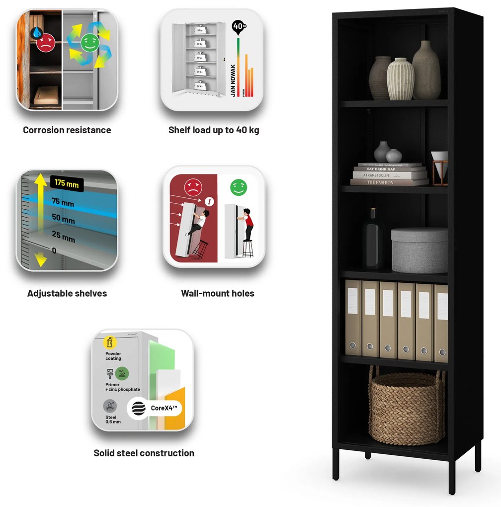 Čierny kovový regál na knihy MARIO Modern 500 x 1800 x 350 mm