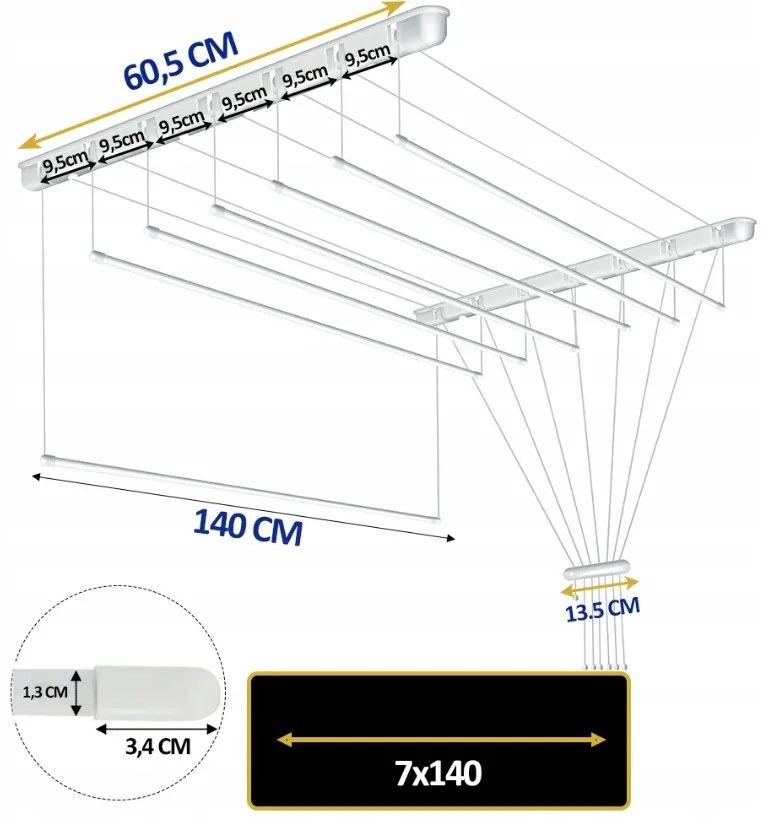 Erga Erga, stropný vešiak na sušenie bielizne 7x140 cm, biela, ERG-SEP-10SUSSUF1407P