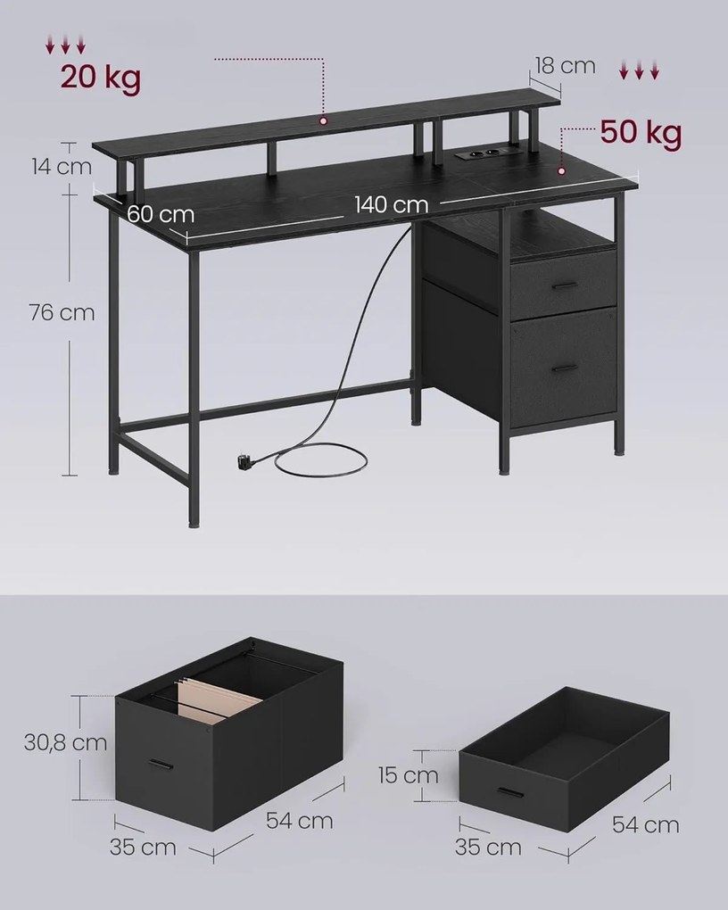 Psací stůl s nabíjecí stanicí Vasagle Unos 140 cm černý