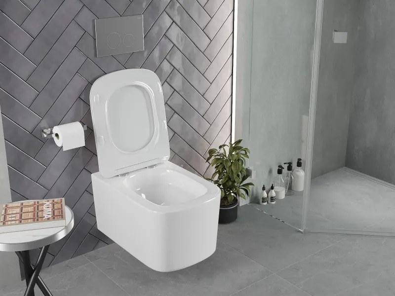 Mexen Vivo, závesná WC misa 555x370x335 mm, Rimless Tornádo + WC sedadlo z duroplastu, biela lesklá, 30610200T