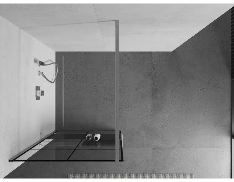 Mexen Kioto+, sprchová zástena s poličkou a držiakom na uteráky 90 x 200 cm, 8mm číre sklo vzor čierny rám, chrómový profil, 800-090-121-01-77