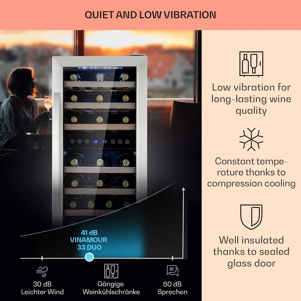 Klarstein Vinamour 33 Duo, vinotéka, 89 l, 33 fliaš, 2 zóny, 5-18°C, dotykové ovládanie