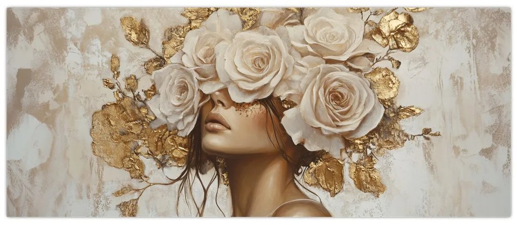 Obraz - Dievča s ružami (120x50 cm)