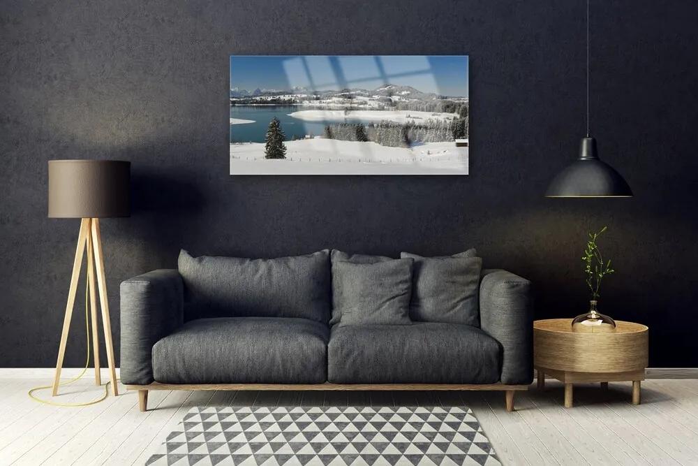 Skleneny obraz Jazero sneh príroda hory 125x50 cm
